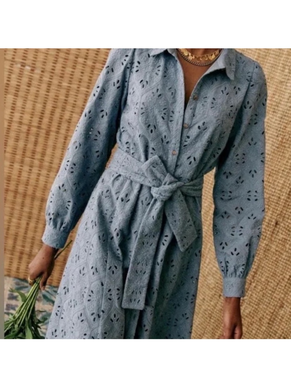 Sezane Bella Dress in Bleu Vintage, Eyelet Maxi w/ Tie Waist, size 36 - Picture 12 of 16